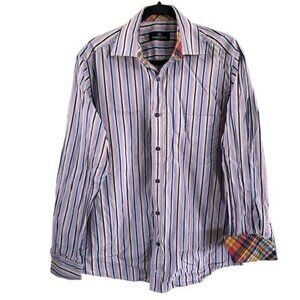 Bugatchi Uomo Sz Medium Colorful Striped & Plaid Collared Dress Shirt Preppy